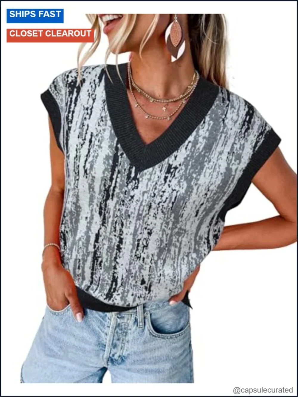 Wool Blend Knit V-Neck Sleeveless Sweater Vest Layering Top